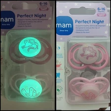 MAM Perfect Night Pacifier 2pk 6-16 M Binkie Glow In The Dark Sterilizing Case