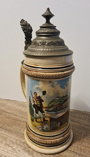 Jugendstil Keramik Bierkrug mit Zinndeckel Andenkenkrug Graz Österreich 1904
