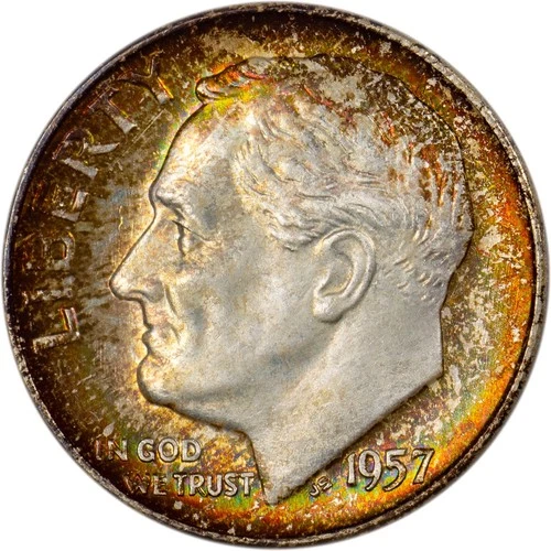 1957-D Roosevelt Dime - PCGS MS66 FB - Superb Rainbow Toned Mint Set GEM!