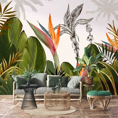 3D Tropical Floral Leaves Self-adhesive Removeable Wallpaper Wall Mural - Image 1 of 4