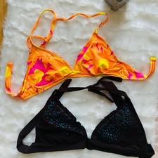 Set of Two Women's Triangle Bikini Tops - Orange Floral  Black with Blue Accent