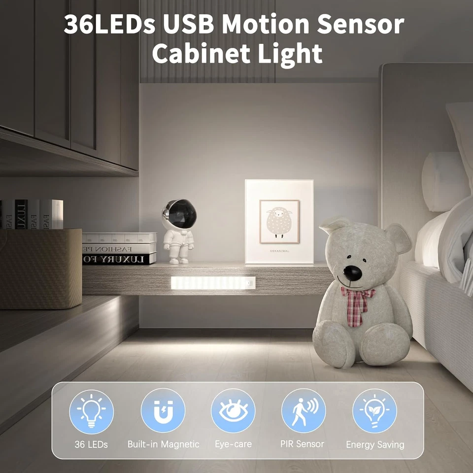 Luce Armadio LED Con Sensore Di Movimento Luci Notturna 36 LED 4 Modalità Lampad - Immagine 3 di 4