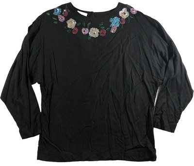 Together Women Top Sz S Black Floral Beaded Sequin Round Neck 3/4 Sleeve NWT
