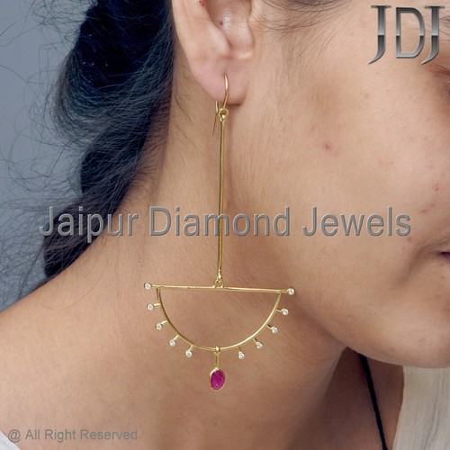 Hook Earring Natural Ruby Gemstone Solid 18k Yellow Gold White Diamond Earring - Picture 13 of 14