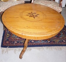 800' ANTICO TAVOLO ROLO TONDO ITALIANO -TAVOLINO INTARSIATO-GAMBA FUSTO CENTRALE