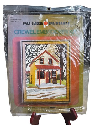 Vtg Autumn Country Store Winter Snow Scene Linen Crewel Kit By Pauline Denham