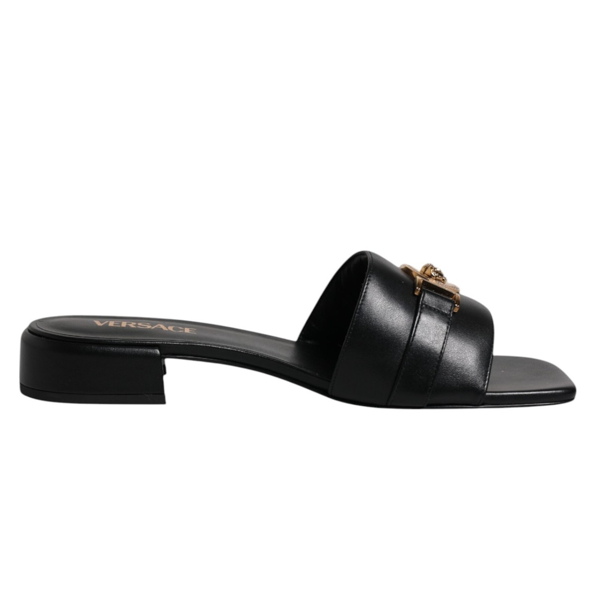 VERSACE Shoes Black Leather Logo Plaque Slip On Slides Flats
