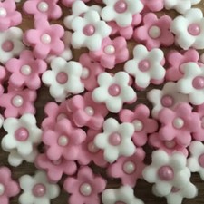 100 Edible Pink & White Flowers  Fondant Sugar Cupcake Toppers Cake Decorations