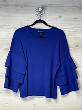 INC International Concepts Top Large Womens Blue Knit 3/4 Sleeve Ruffle Sleeve