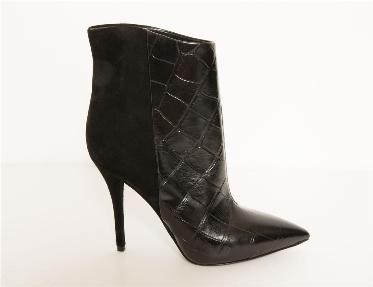 Bottines Brian Atwood - Daim Noir Gaufré Cuir Croco - Taille US 7.5 Femme - Talon Aiguille 7.5cm - Neuves Sans Boîte