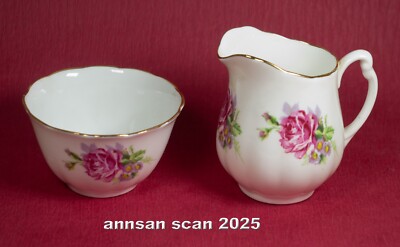 Vtg Adderley Fine Bone China England Sugar Bowl & Creamer  Pink Rose Gold Rim