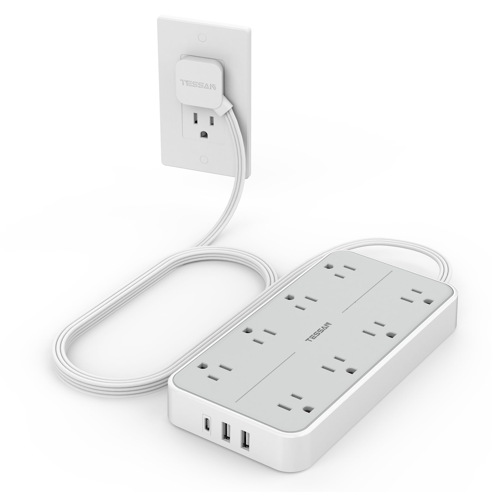 Power Strip Surge Protector, TESSAN Flat Plug Extension Cord with 8 Outlets 3...