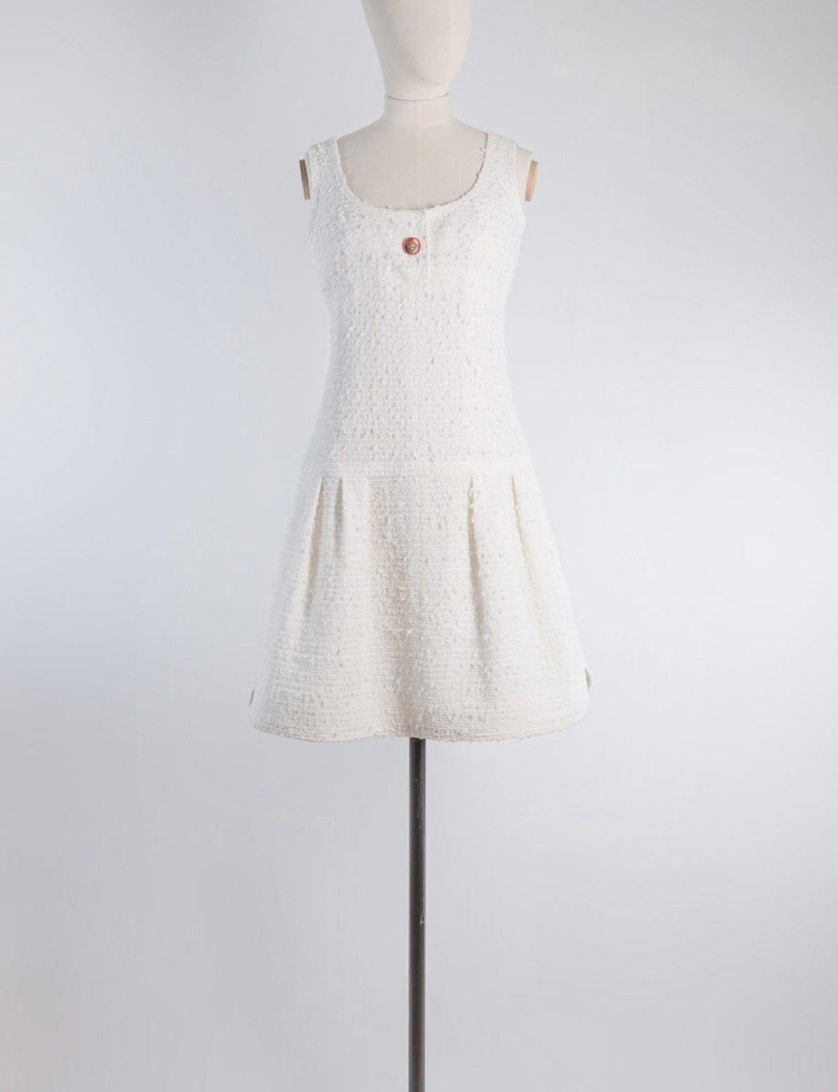 CHANEL SLEEVELESS TWEED OFF-WHITE DRESS FR36 (34) | eBay