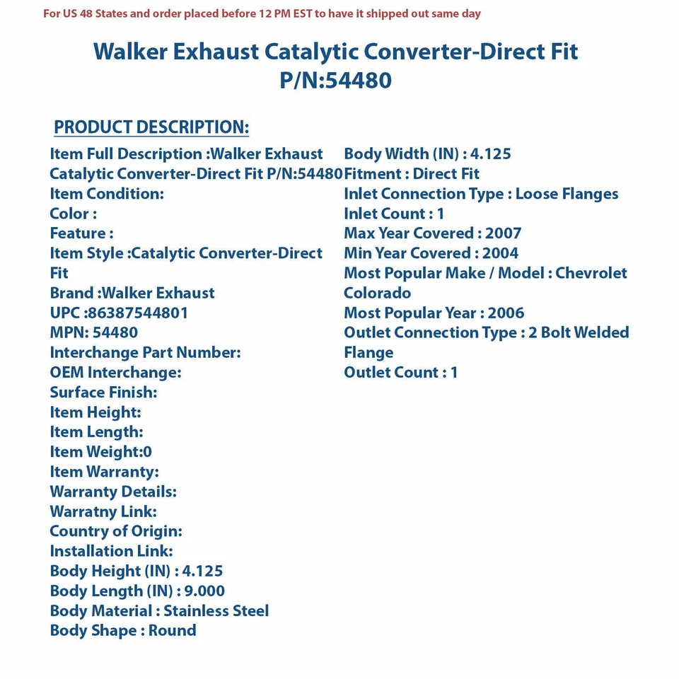 Convertidor catalítico de escape Walker - ajuste directo 54480 Foto 4 de 4