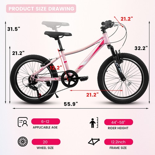 20 inch Children's Bicycle 7 Speed Front Fork Mountain Tire Boys Girls Kids Bike - Picture 8 of 21