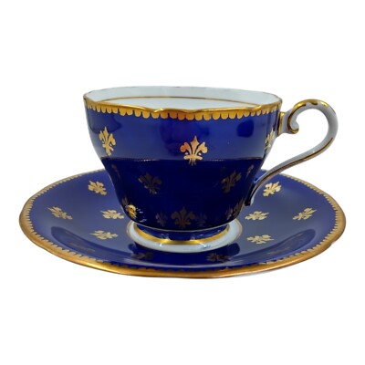 Aynsley Tea Cup Saucer Cobalt Blue Gold Gilt Fleur De Lis C868 Vintage England
