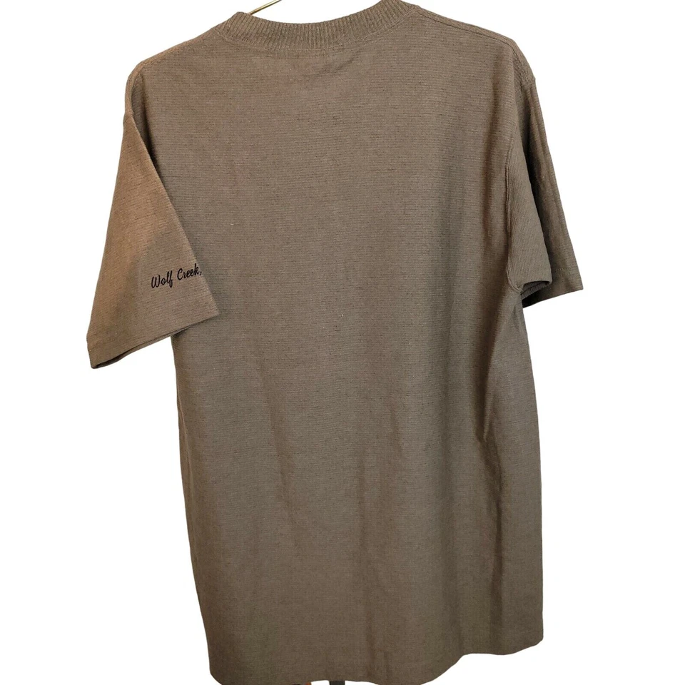VTG Hazelwoods NWT Brown GRAPHIC TEE Wolf creek T-Shirt L destination ribbed - Imagem 2 de 4