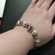 Silver Tone Pink and Faux Pearl Beaded Charm Statement Bracelet