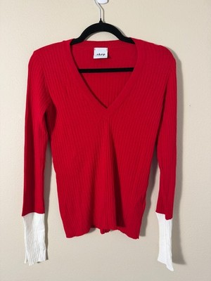 AKEP Red V-Neck Ribbed Sweater with White Split Cuffs Size 40 (US 4)