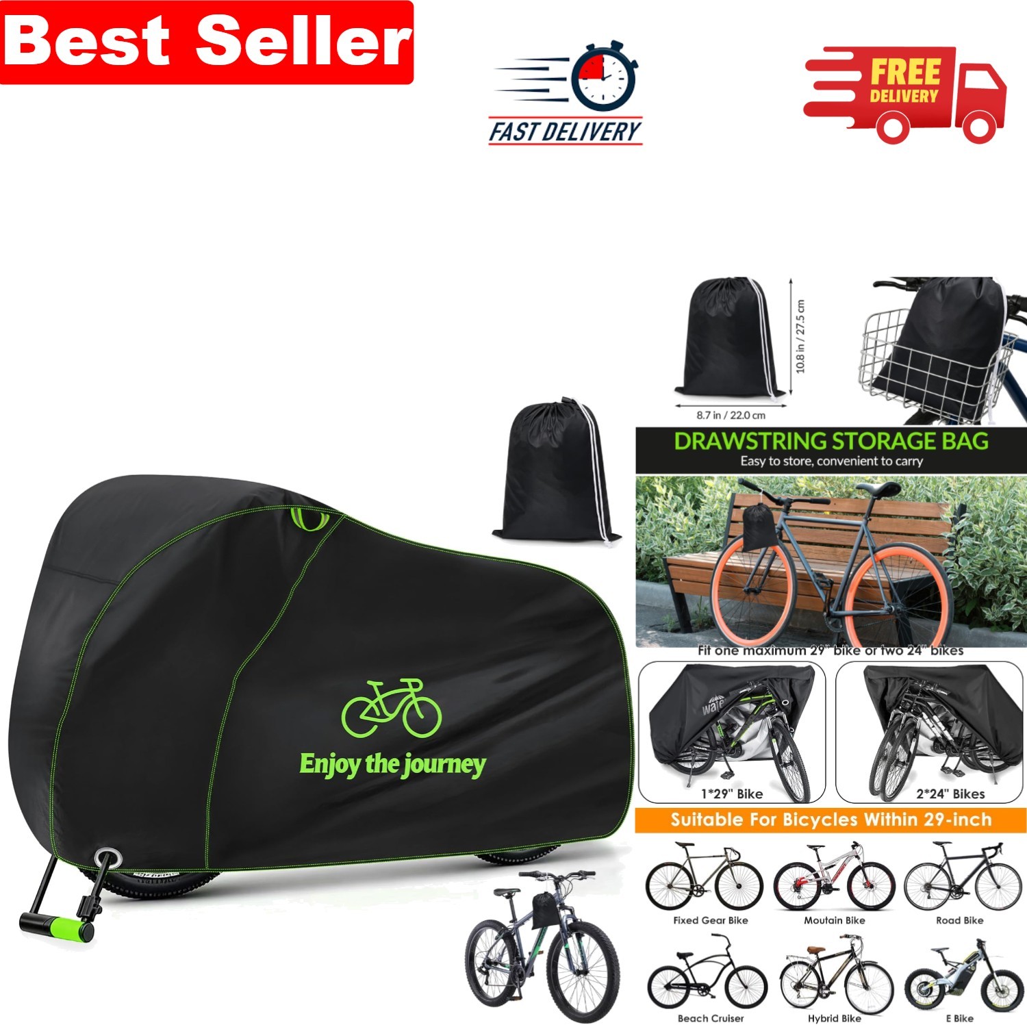 210T Heavy Duty Waterproof Bike Cover for 2 Bikes with Lock Holes & Storage Bag