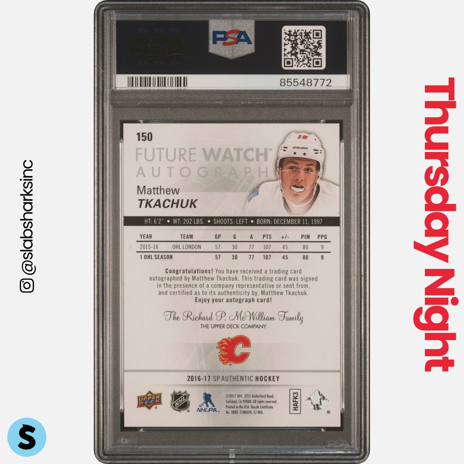 2016 SP AUTHENTIC #150 MATTHEW TKACHUK FUTURE WATCH AUTO ROOKIE RC /999 PSA 10 view 2