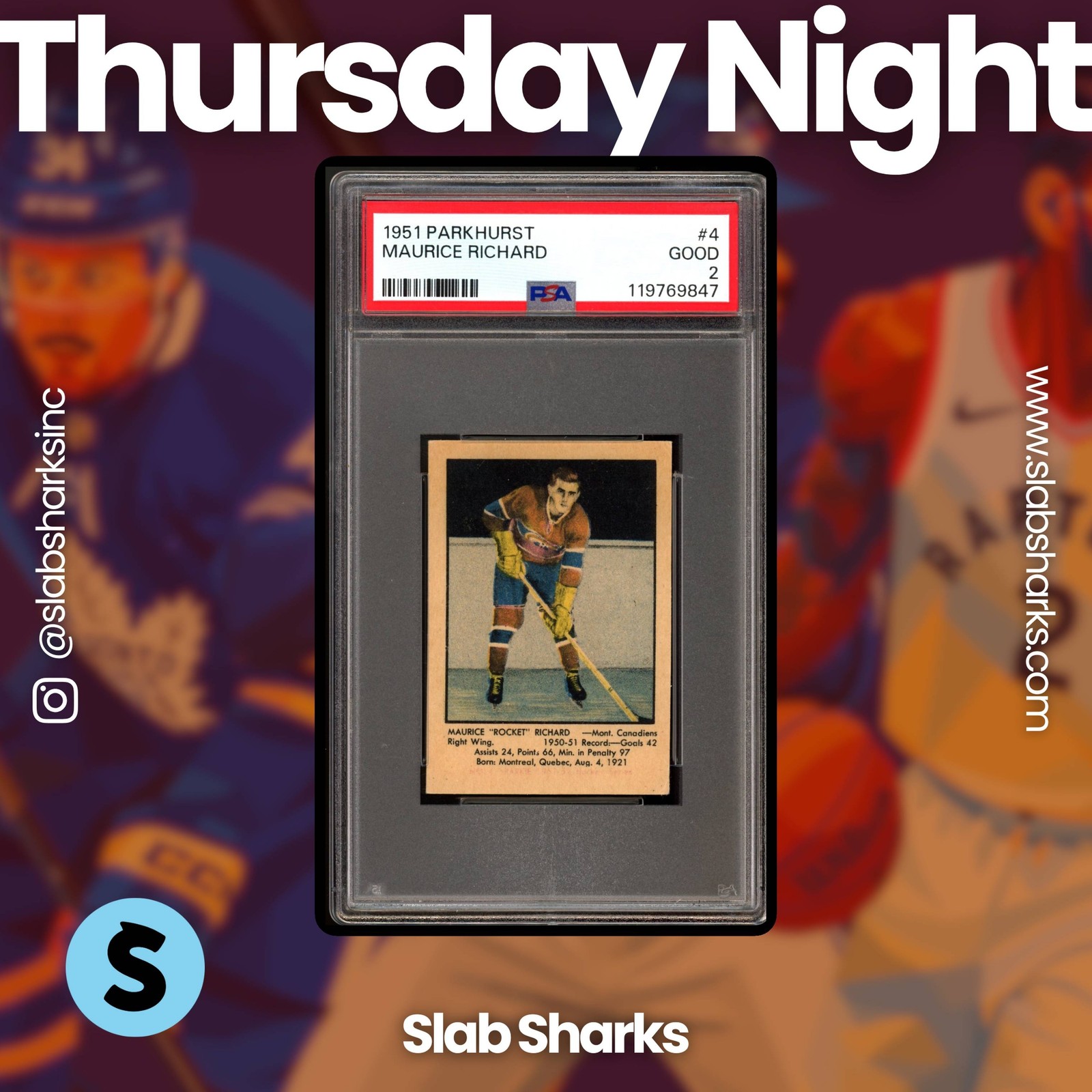 1951 PARKHURST #4 MAURICE "ROCKET" RICHARD RC ROOKIE PSA 2