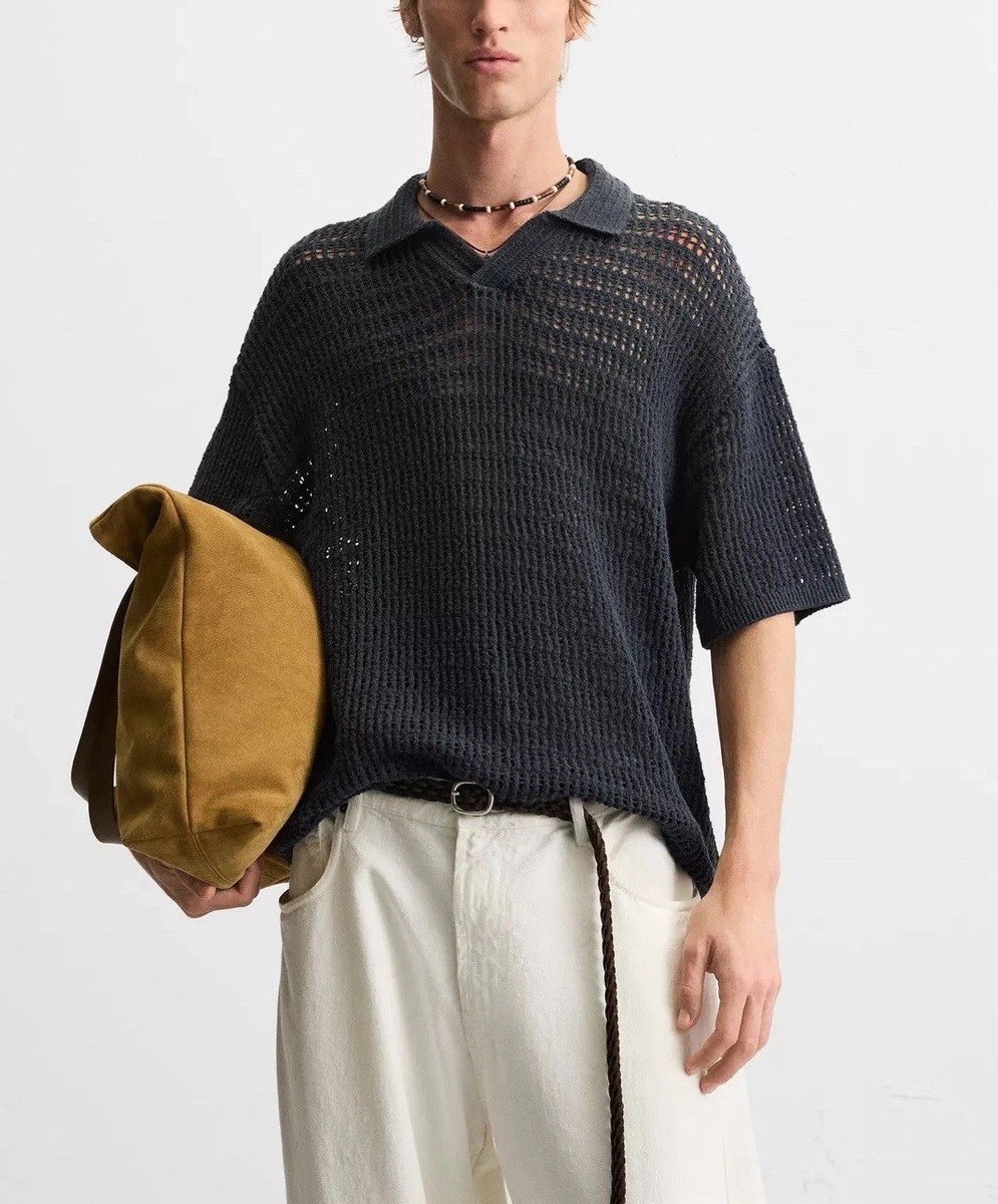 NWT ZARA Man Knit Polo Shirt With Openwork Stitch Navy Blue