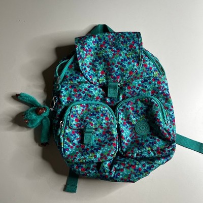 Kipling Firefly Up Small Backpack Teal Floral Print Monkey Keychain Bag