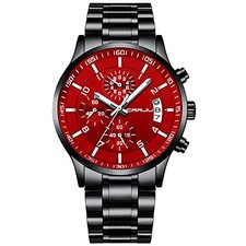 Men's Fashion Stainless Steel Watches Date Waterproof Chronograph black red