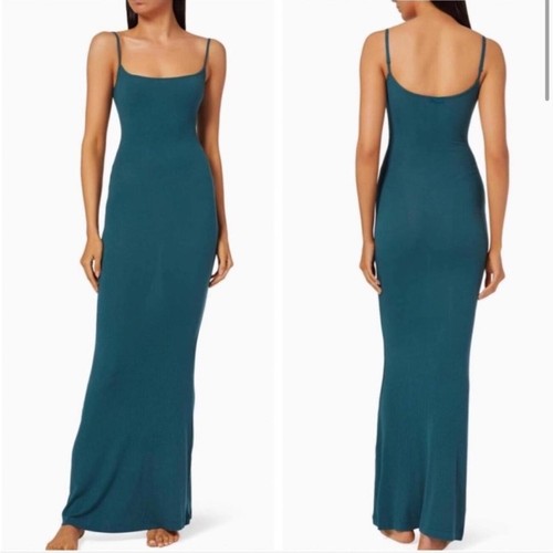 Skims Ribbed Soft Lounge Long Slip Dress Maxi in Teal Blue Stretchy Knit