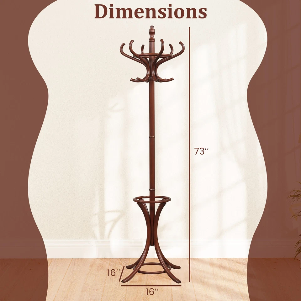Wood Standing Hat Coat Rack Jacket Bag Hanger Tree 12 Hooks Reddish Brown w/ - Image 3 of 4