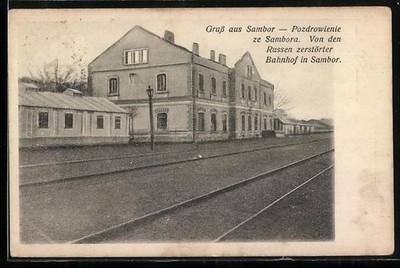 Ansichtskarte Sambor, Der von den Russen zerstörte Bahnhof 