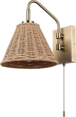 Modern Matte Brass Wall Sconce with Rattan Shade and Pull Chain Switch