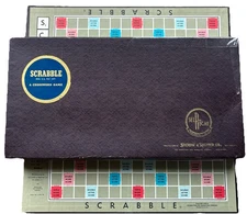 SCRABBLE GAME Vintage 1948/53 SELCHOW & RIGHTER CO  100 WOOD TILES 4-HOLDERS BOX