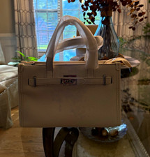 Beige Solid Small Satchel Top Handle Bag Turn...
