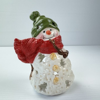 Hallmark Snowman Tealight Candle Holder Ceramic Red Scarf Green Hat Christmas