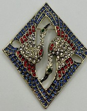 Art Deco Crane Bird Brooch Twin Heron Rhinestone Blue Red Gold Tone Pin