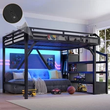 Queen Loft Bed with Storage Stairs, Shelves & Built-in Wardrobe, Metal Loft Bed