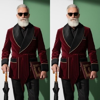 Burgundy Velvet Men Smoking Jacket with Belt Dinner Party Host Men Jackets