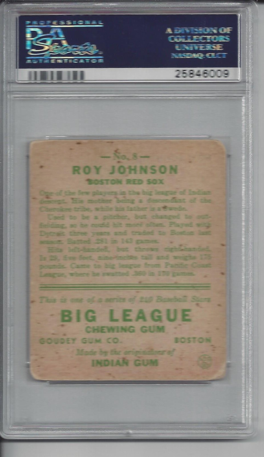 1933 Goudey #8 Roy Johnson - PSA 2 view 2
