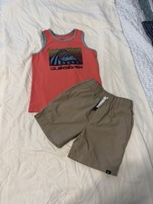 Quiksilver Boys Orange Graphic Tank Top  Khaki Drawstring Shorts Set