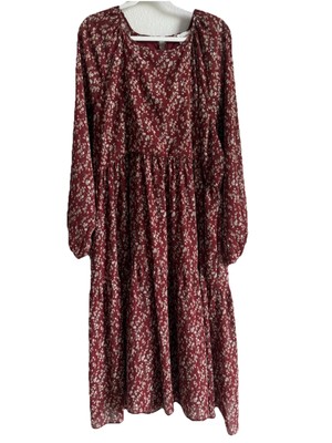 Hayden Los Angeles Textured Maroon Floral Tiered Midi Dress Pockets Women's 1XL