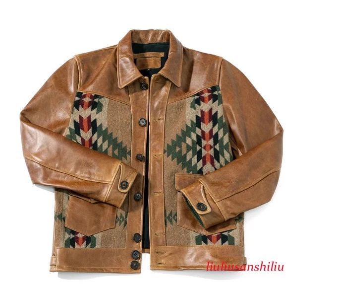 Southwestern Vintage Leather Coat Mens Western Aztec Tribal Navajo Button Jacket
