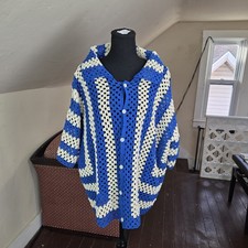 VTG Handmade Crochet Granny Square Cardigan Jacket Blue Cream Oversized XL  2XL