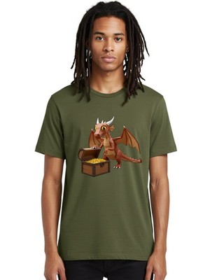 Dragon-With-Treasure-Chest Mens Graphic Tee, 100% Cotton, Casual Summer Wear