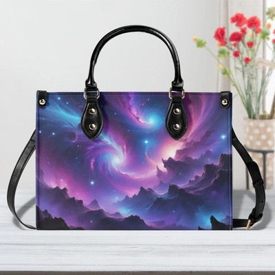 Personalized Galaxy Universe Aurora Borealis Northern Lights Leather Handbag