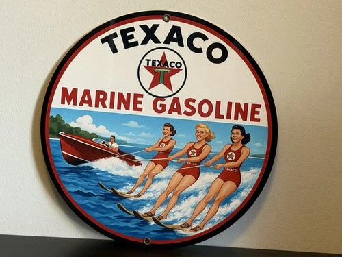 Texaco Marine Gasoline  Oil Pinup Girls Waterskiing Vintage  Style Metal Sign