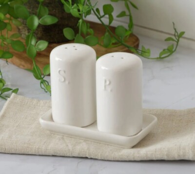 NEW! 3-Piece White Cottage Salt & Pepper Shaker Set With Tray Ceramic