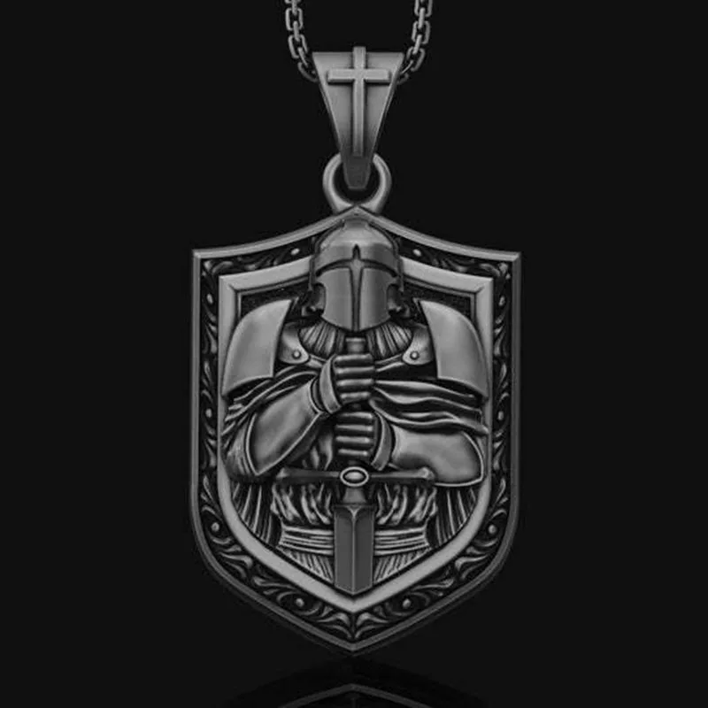 Knight Shield Necklace Crusader Warrior Jewelry Vintage Silvery Pendant Amulet-image