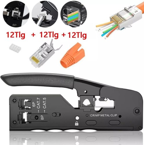RJ45 Crimpzange + 12 Cat7 Stecker Set Netzwerk Werkzeug Lan Kabel Zange Cat 7 /6 - Afbeelding 11 van 11